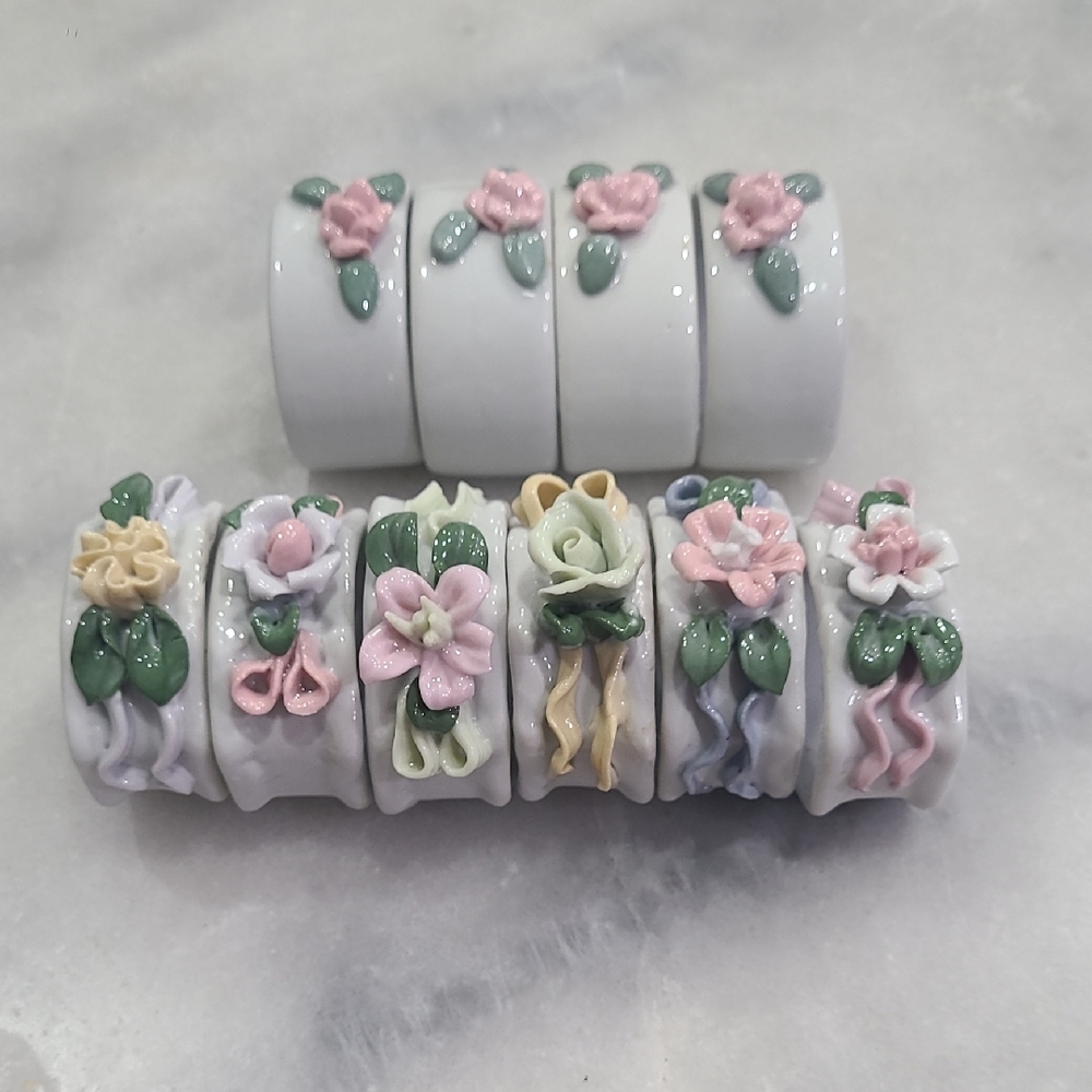Vintage Ceramic Napkin Rings with Floral Design - Pink, Green, Yellow